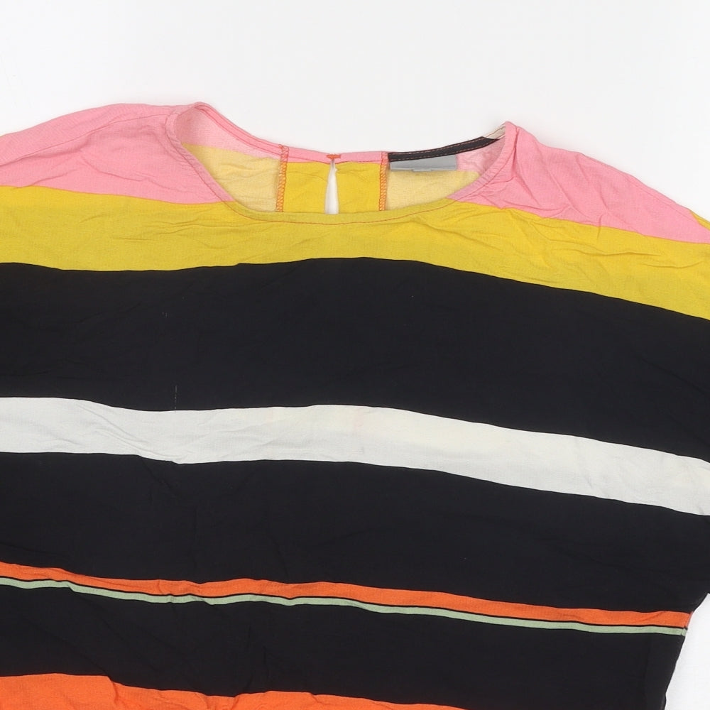 Oliver Bonas Womens Multicoloured Striped Viscose Basic T-Shirt Size 8 Boat Neck
