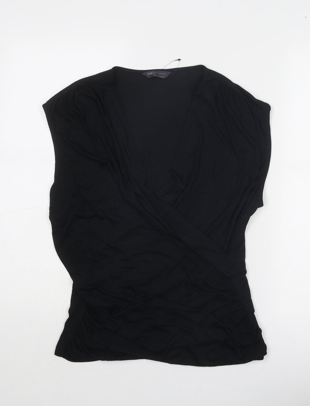 Marks and Spencer Womens Black Modal Basic Blouse Size 14 V-Neck - Wrap Style