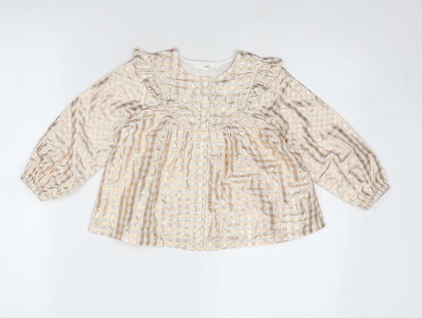Marks and Spencer Girls Gold Geometric Cotton Basic Blouse Size 3-4 Years Round Neck Buckle
