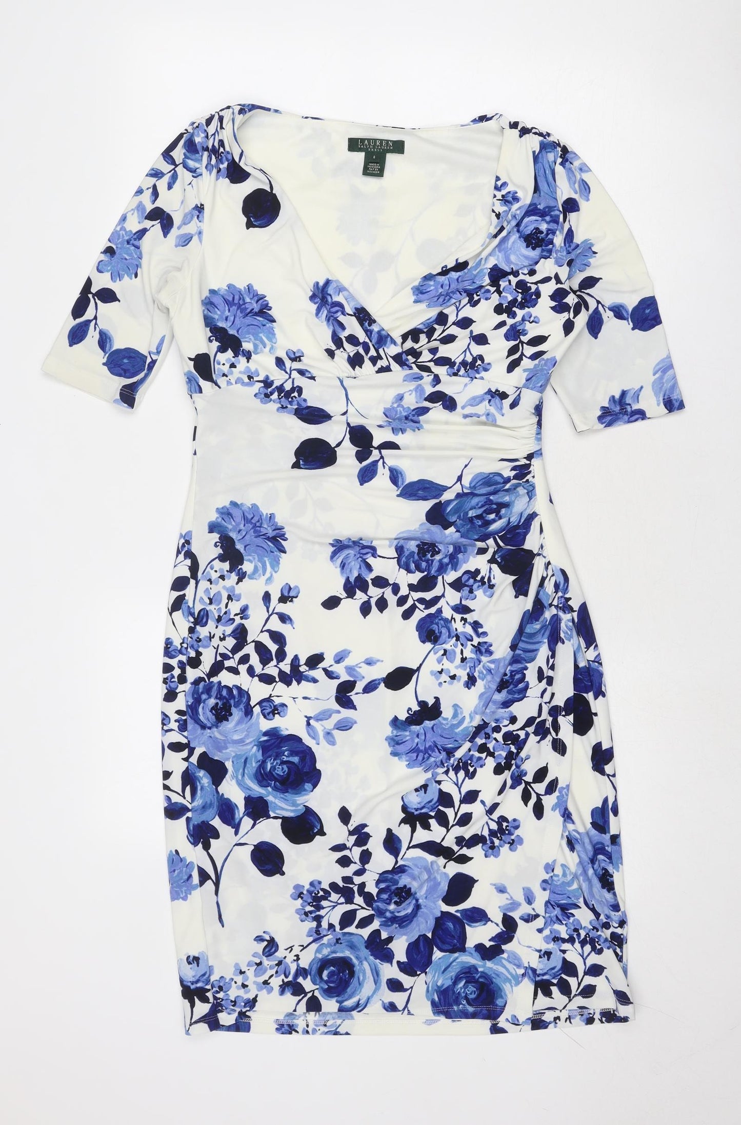 Lauren Ralph Lauren Womens Blue Floral Polyester Shift Size 6 V-Neck Pullover