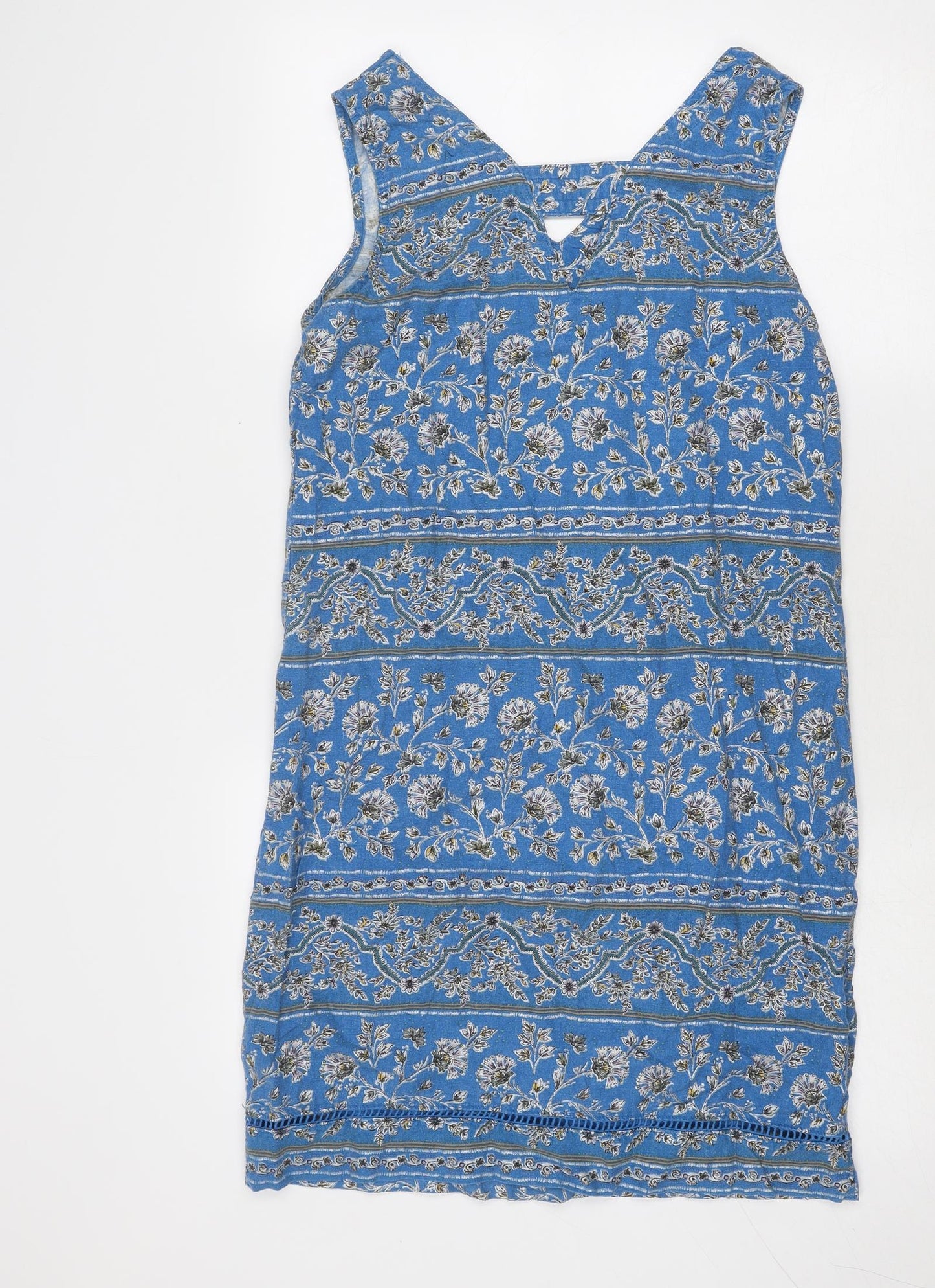 NEXT Womens Blue Geometric Linen A-Line Size 8 V-Neck Pullover