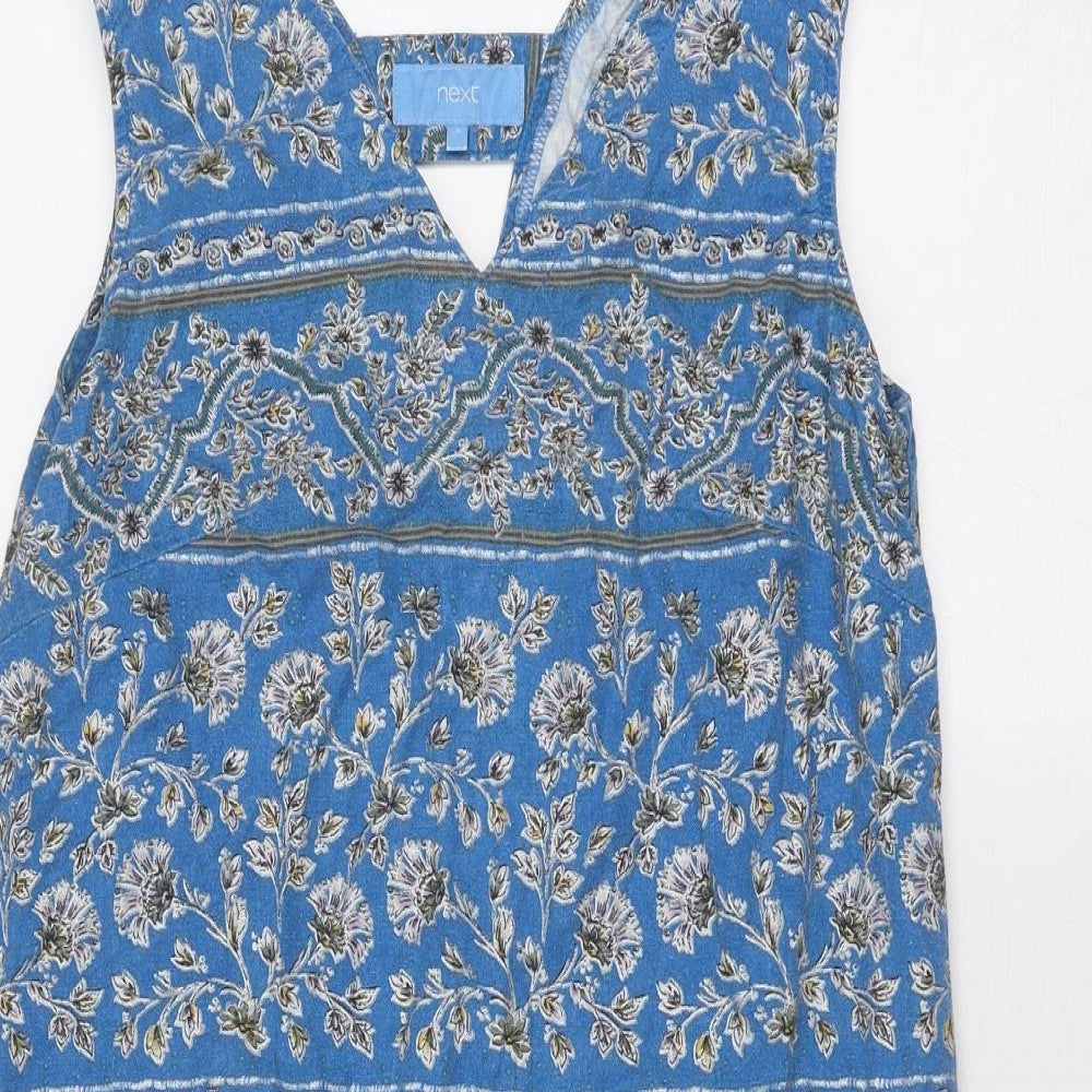 NEXT Womens Blue Geometric Linen A-Line Size 8 V-Neck Pullover