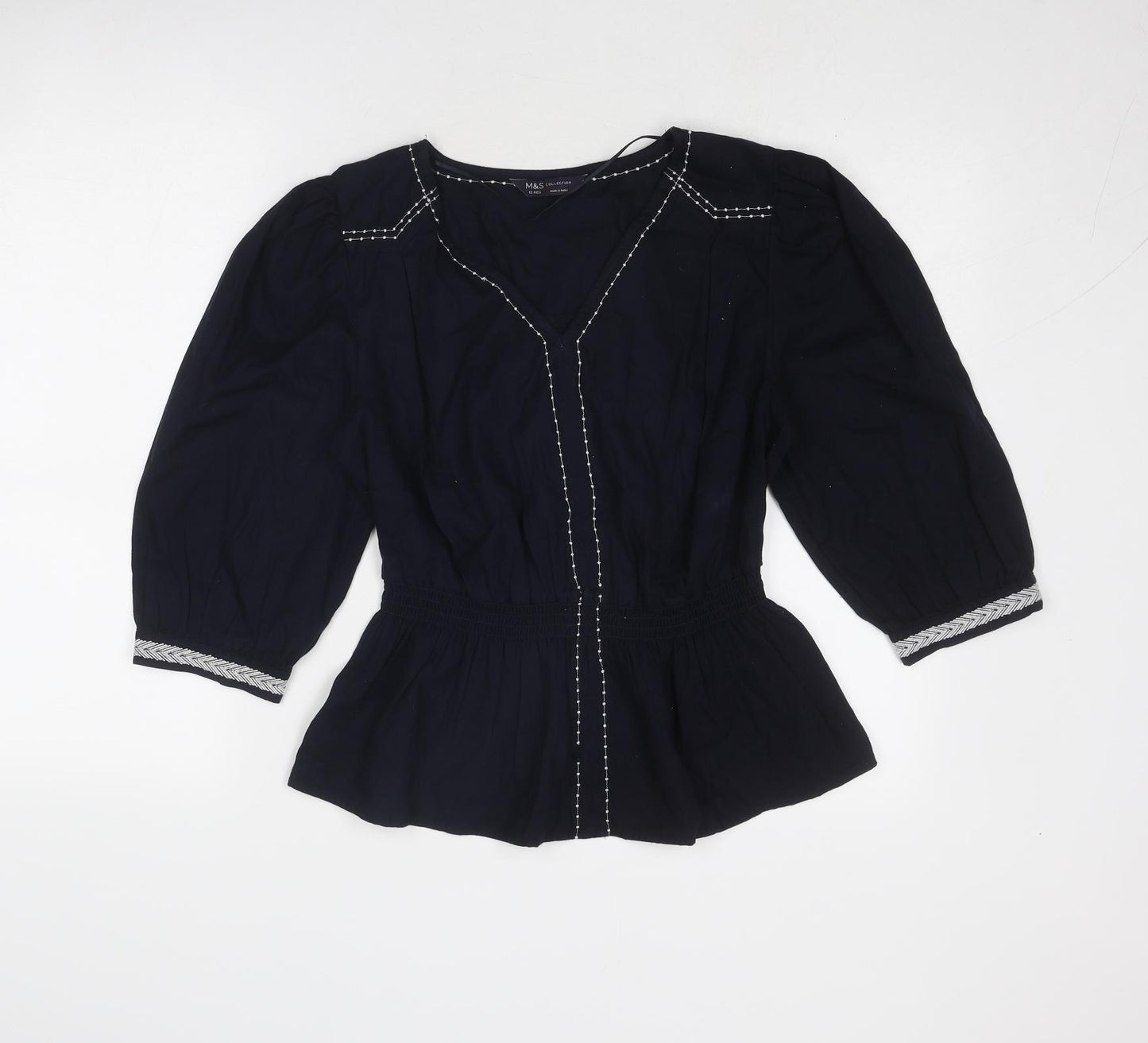 Marks and Spencer Womens Blue Cotton Basic Blouse Size 12 V-Neck
