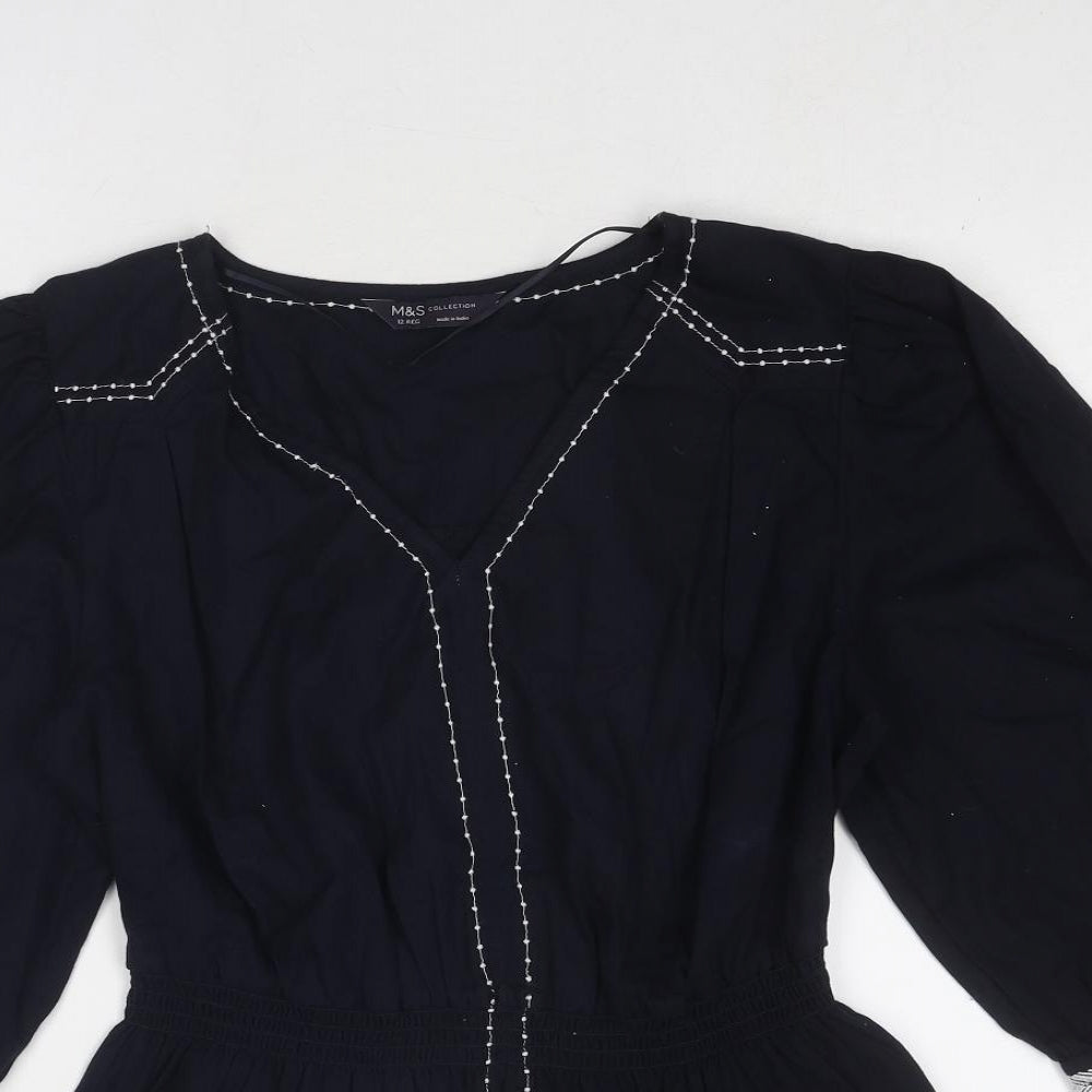 Marks and Spencer Womens Blue Cotton Basic Blouse Size 12 V-Neck