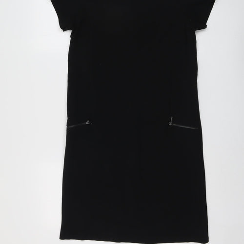 Dress Womens Black Polyester Shift Size 8 Boat Neck Zip