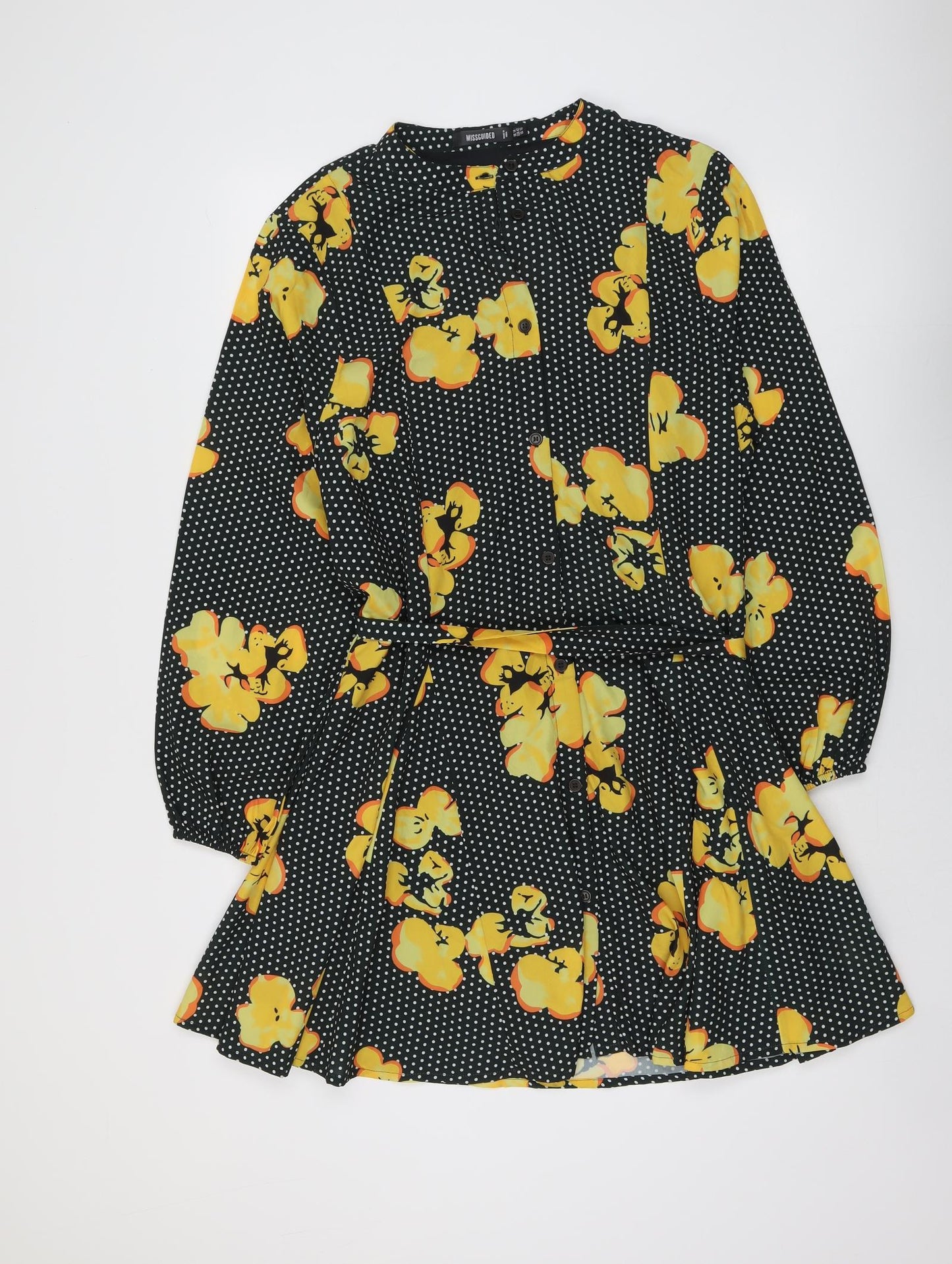 Missguided Womens Black Polka Dot Polyester A-Line Size 14 Round Neck Button - Floral