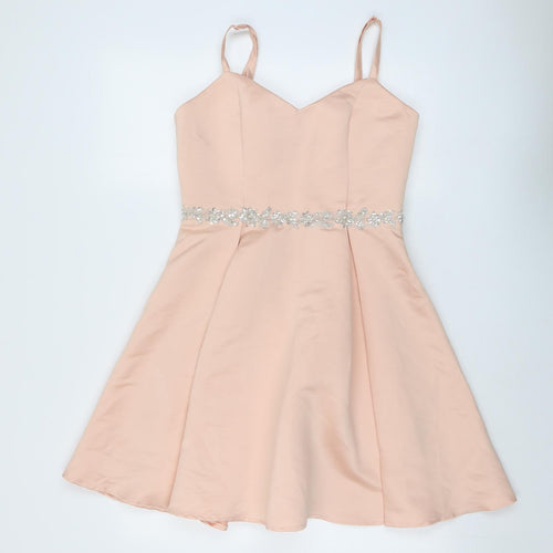 Girls On Film Womens Pink Polyester Slip Dress Size 12 V-Neck Zip - Embellished Waist