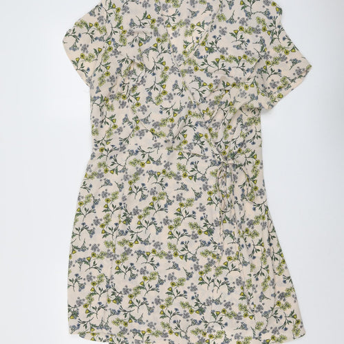 New Look Womens Beige Floral Polyester A-Line Size 8 V-Neck Tie - Wrap Style