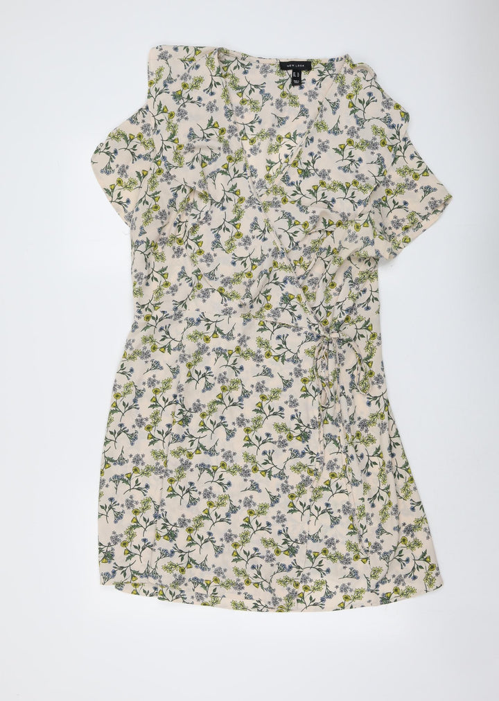 New Look Womens Beige Floral Polyester A-Line Size 8 V-Neck Tie - Wrap Style