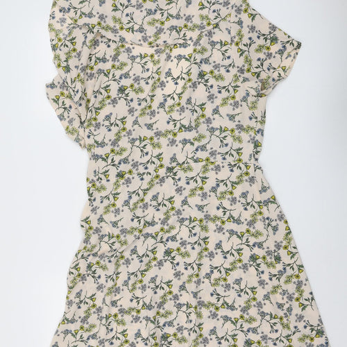 New Look Womens Beige Floral Polyester A-Line Size 8 V-Neck Tie - Wrap Style