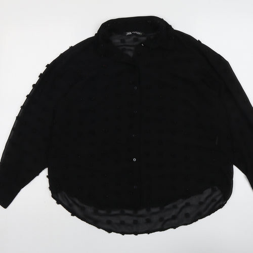Zara Womens Black Polyester Basic Button-Up Size XS Collared