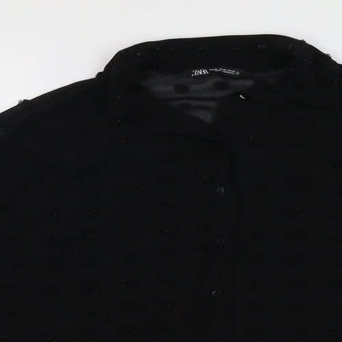 Zara Womens Black Polyester Basic Button-Up Size XS Collared