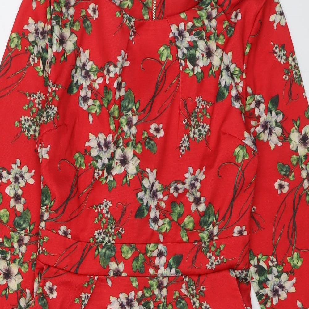 Blue Vanilla Womens Red Floral Polyester A-Line Size 16 Round Neck Zip