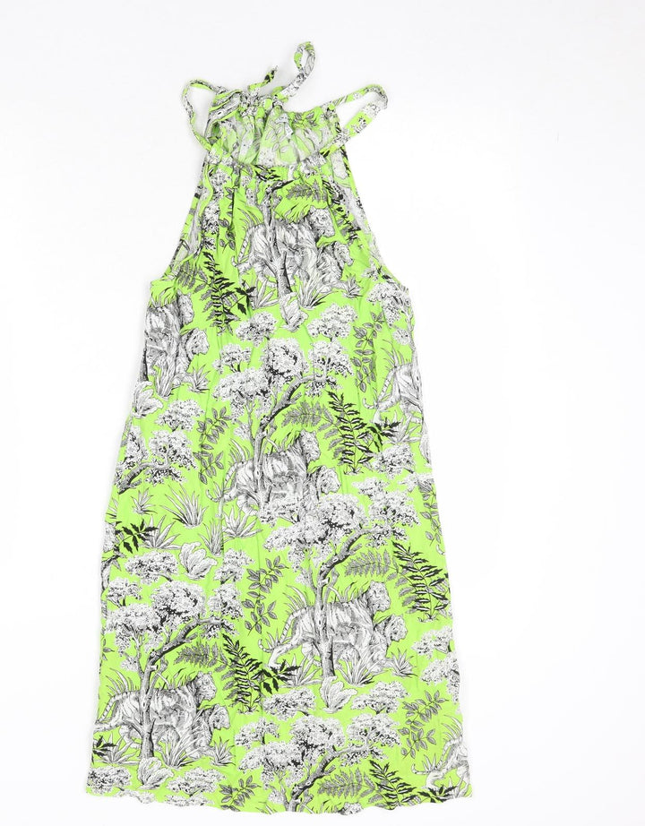 Warehouse Womens Green Geometric Viscose A-Line Size 8 Round Neck Tie - Wild Cat Print