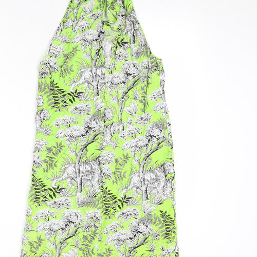 Warehouse Womens Green Geometric Viscose A-Line Size 8 Round Neck Tie - Wild Cat Print