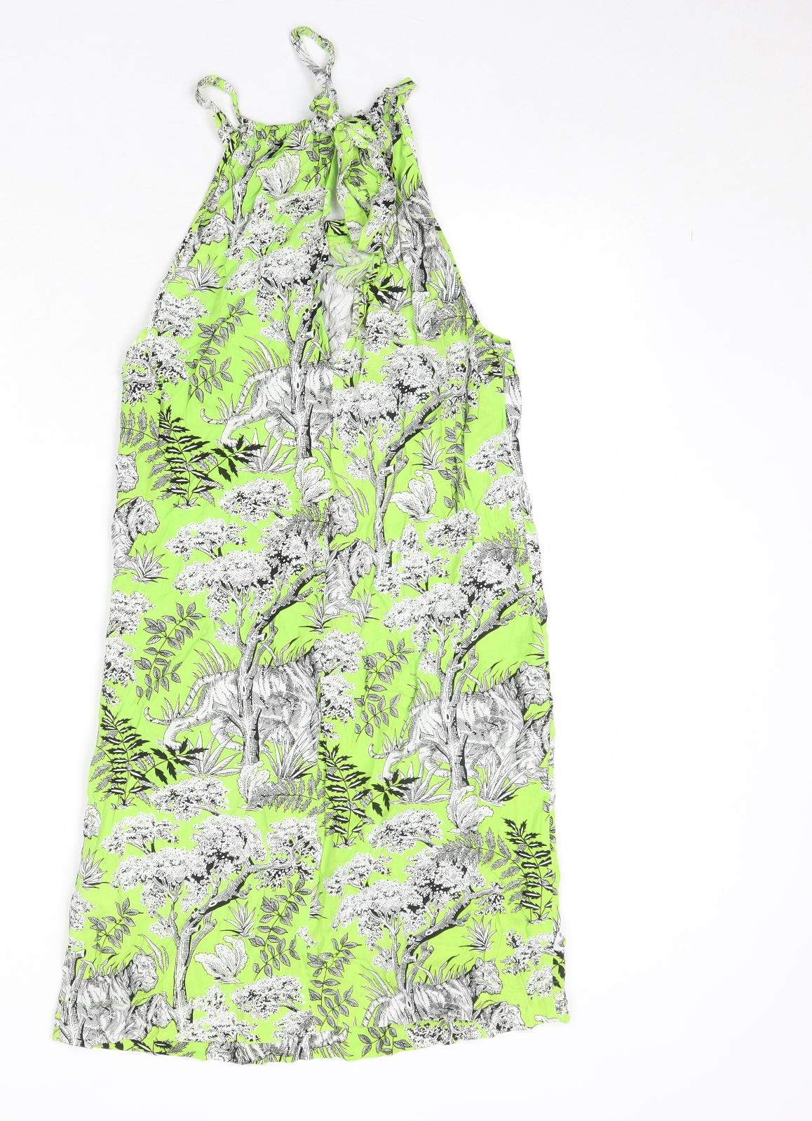 Warehouse Womens Green Geometric Viscose A-Line Size 8 Round Neck Tie - Wild Cat Print