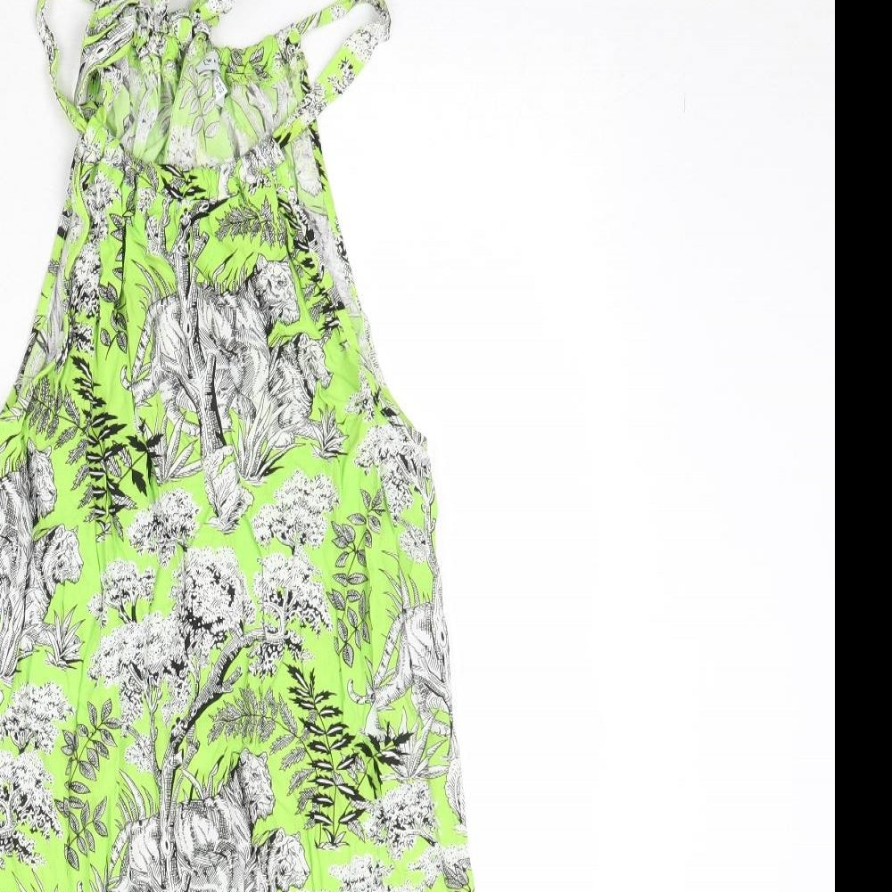 Warehouse Womens Green Geometric Viscose A-Line Size 8 Round Neck Tie - Wild Cat Print