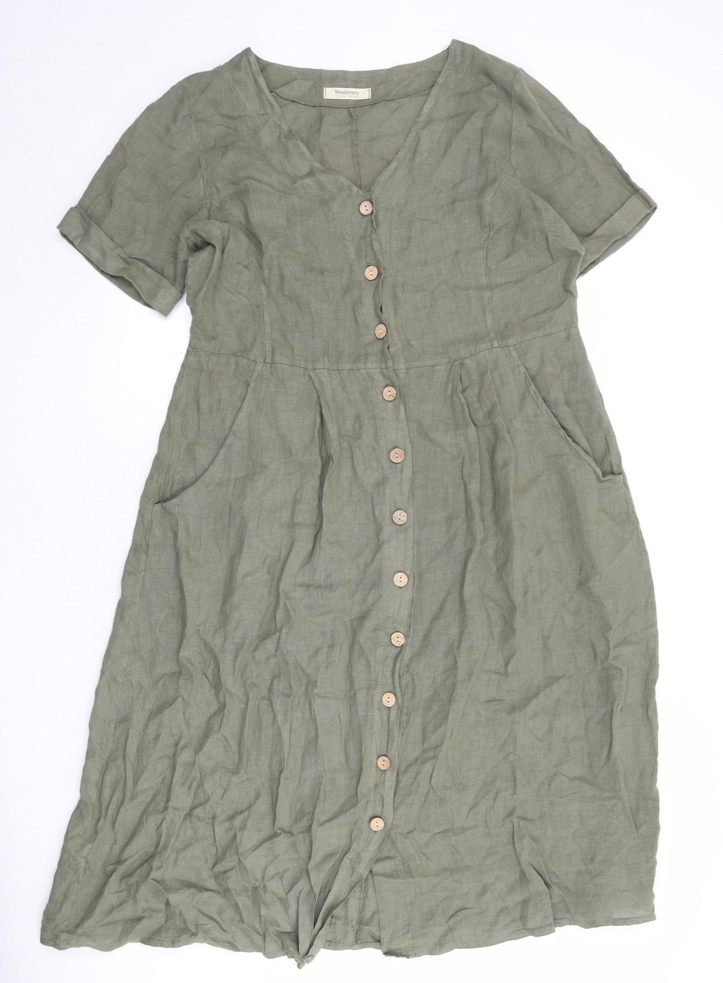 Woolovers Womens Green Polyester A-Line Size 12 V-Neck Button