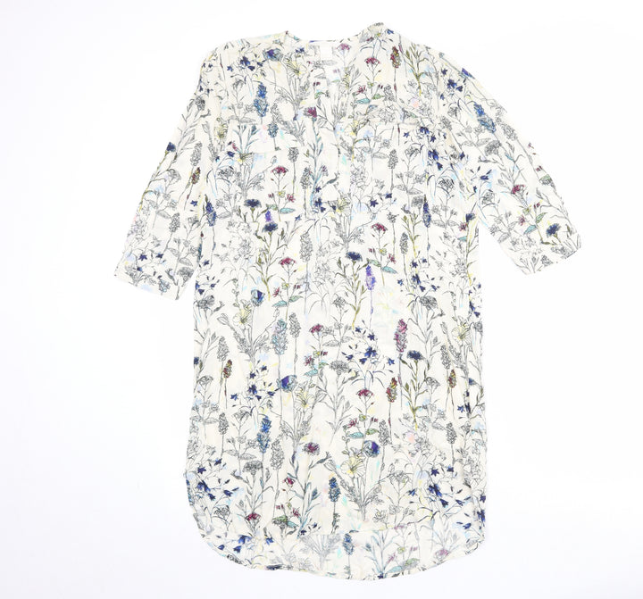 H&M Womens Beige Floral Viscose Sheath Size 8 V-Neck Button