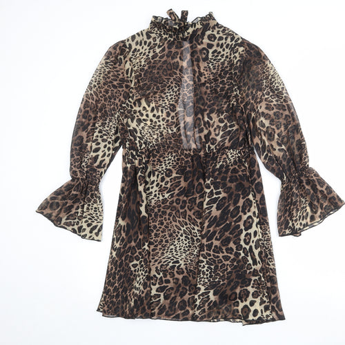 Missguided Womens Brown Animal Print Polyester A-Line Size 8 Mock Neck Tie - Leopard Print