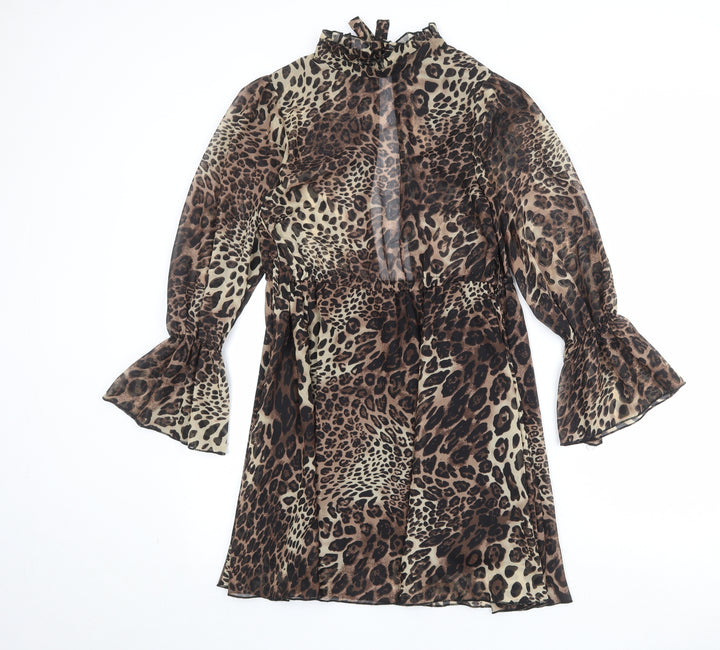 Missguided Womens Brown Animal Print Polyester A-Line Size 8 Mock Neck Tie - Leopard Print