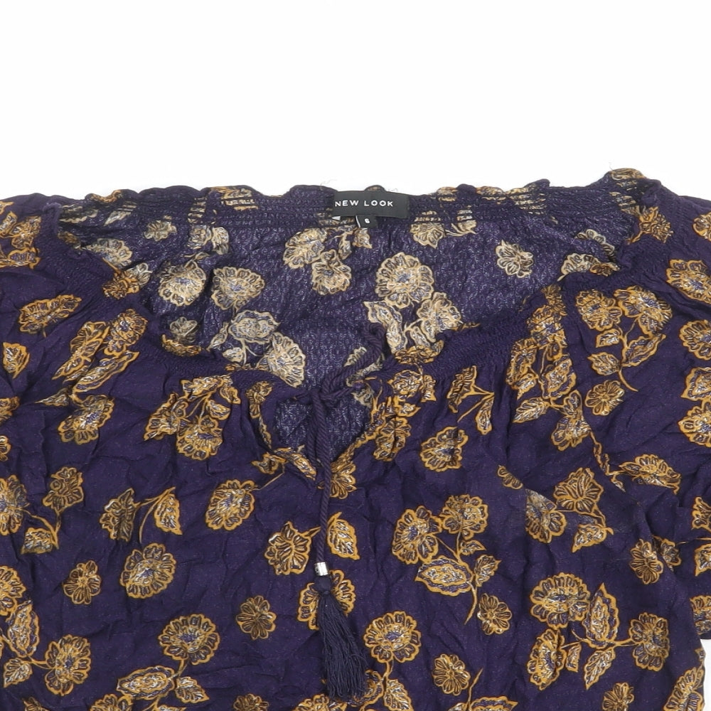New Look Womens Blue Geometric 100% Cotton Basic Blouse Size 6 V-Neck - Leaf Print