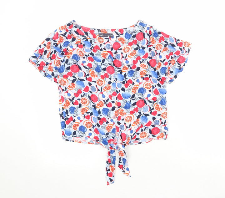 Marks and Spencer Womens Multicoloured Geometric Viscose Basic Button-Up Size 8 V-Neck - Knot Front