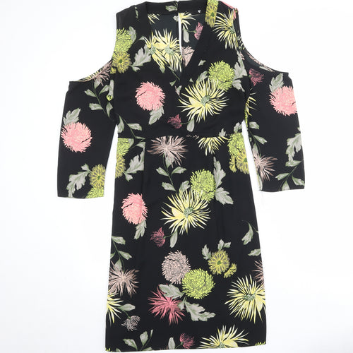 Very Womens Black Floral Polyester Sheath Size 16 V-Neck Button - Cold Shoulder