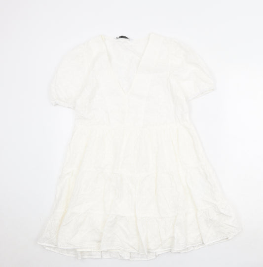 Zara Womens White Geometric Cotton Skater Dress Size M V-Neck Pullover