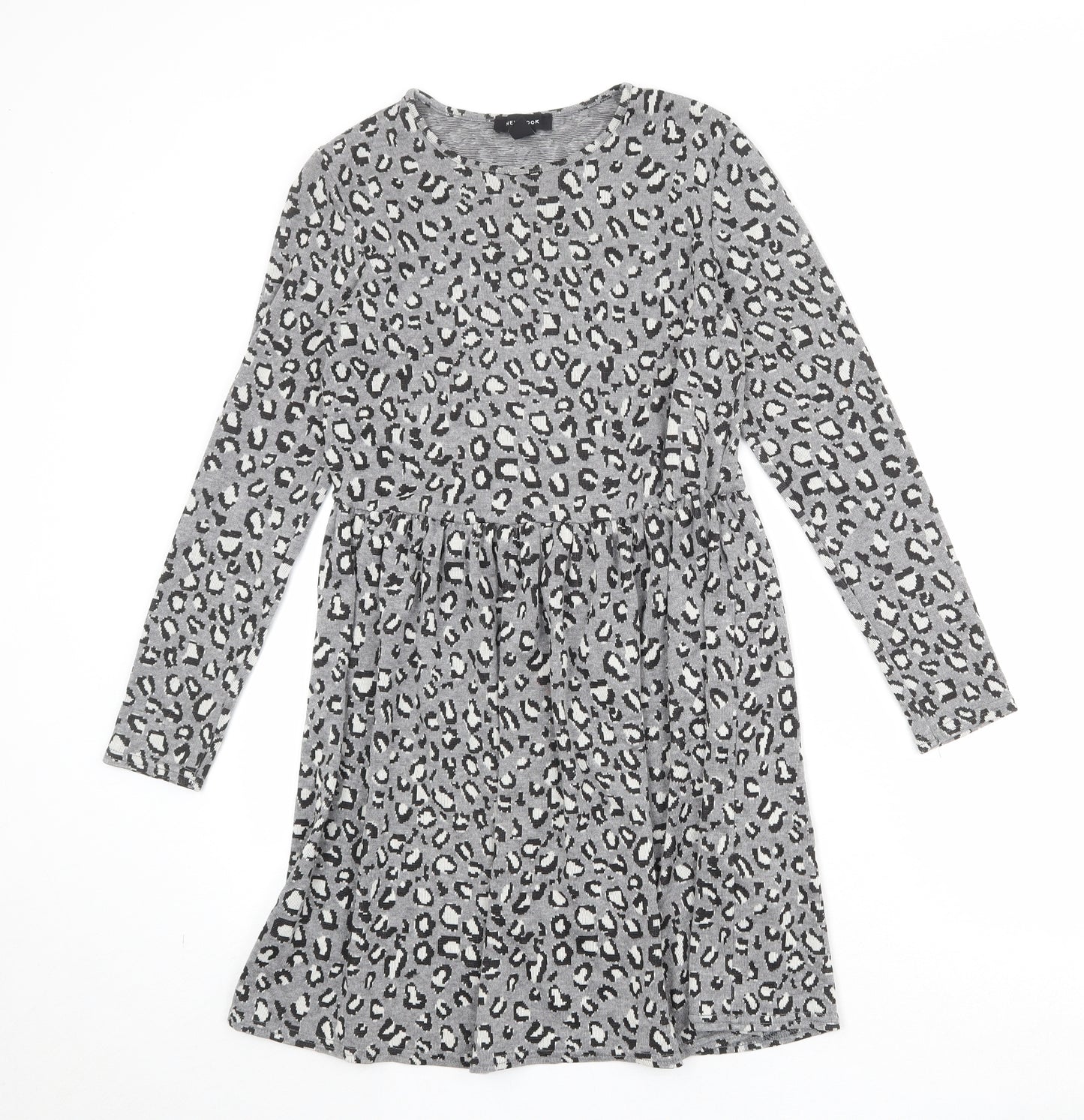 New Look Womens Grey Animal Print Viscose Skater Dress Size 8 Round Neck Pullover - Leopard Pattern