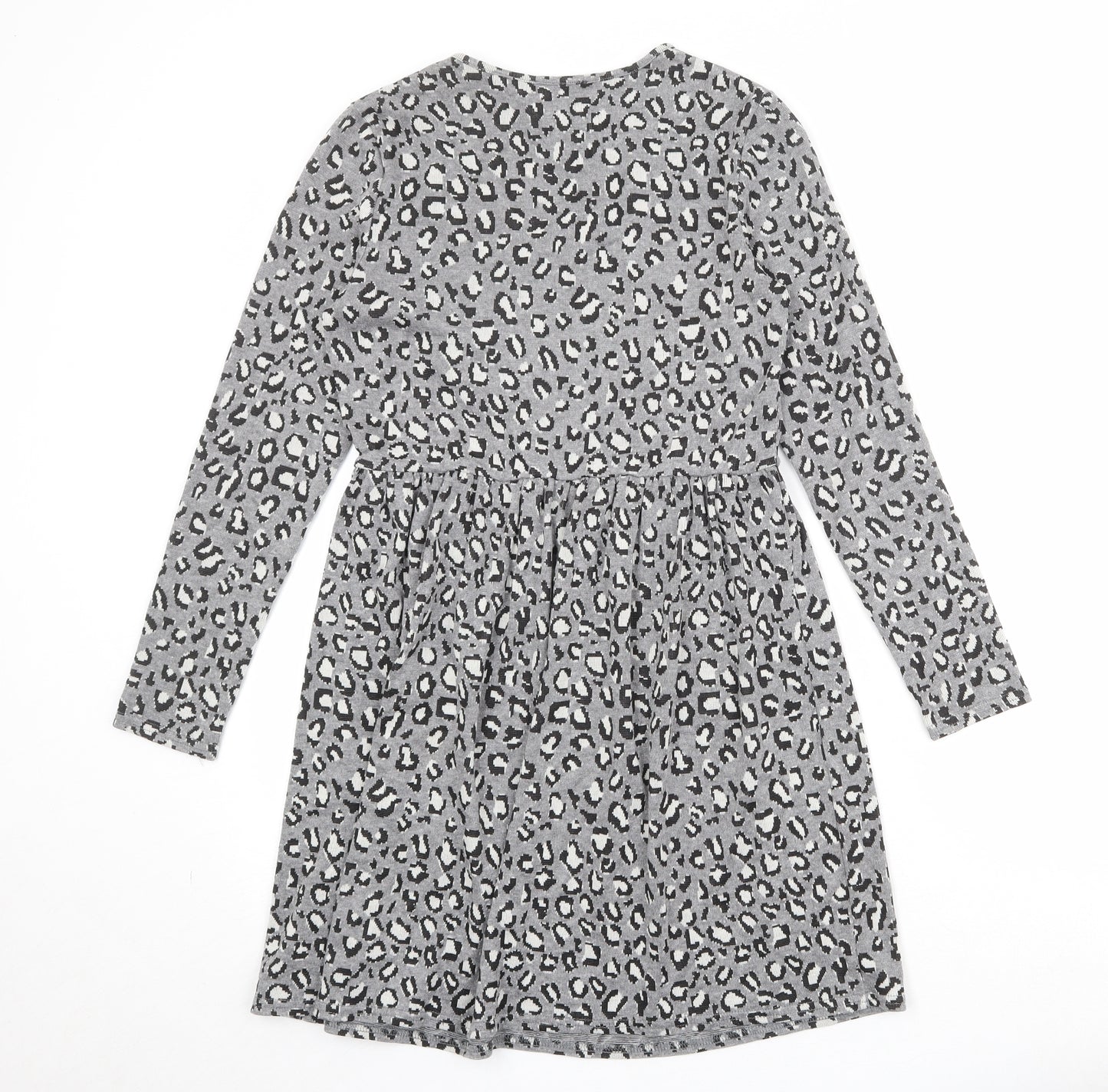 New Look Womens Grey Animal Print Viscose Skater Dress Size 8 Round Neck Pullover - Leopard Pattern