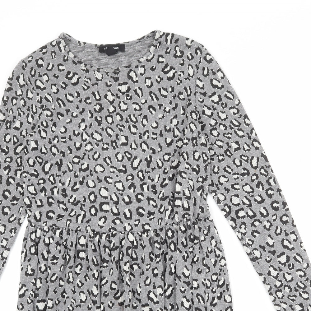 New Look Womens Grey Animal Print Viscose Skater Dress Size 8 Round Neck Pullover - Leopard Pattern