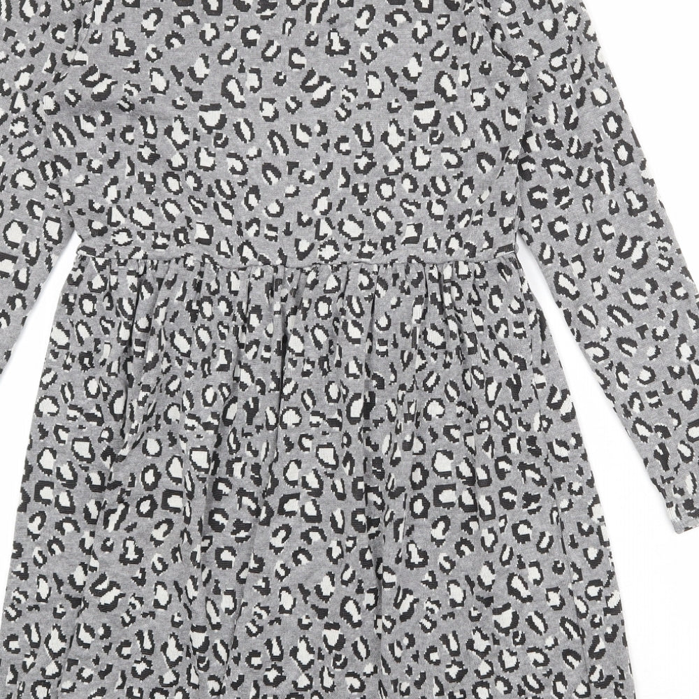 New Look Womens Grey Animal Print Viscose Skater Dress Size 8 Round Neck Pullover - Leopard Pattern