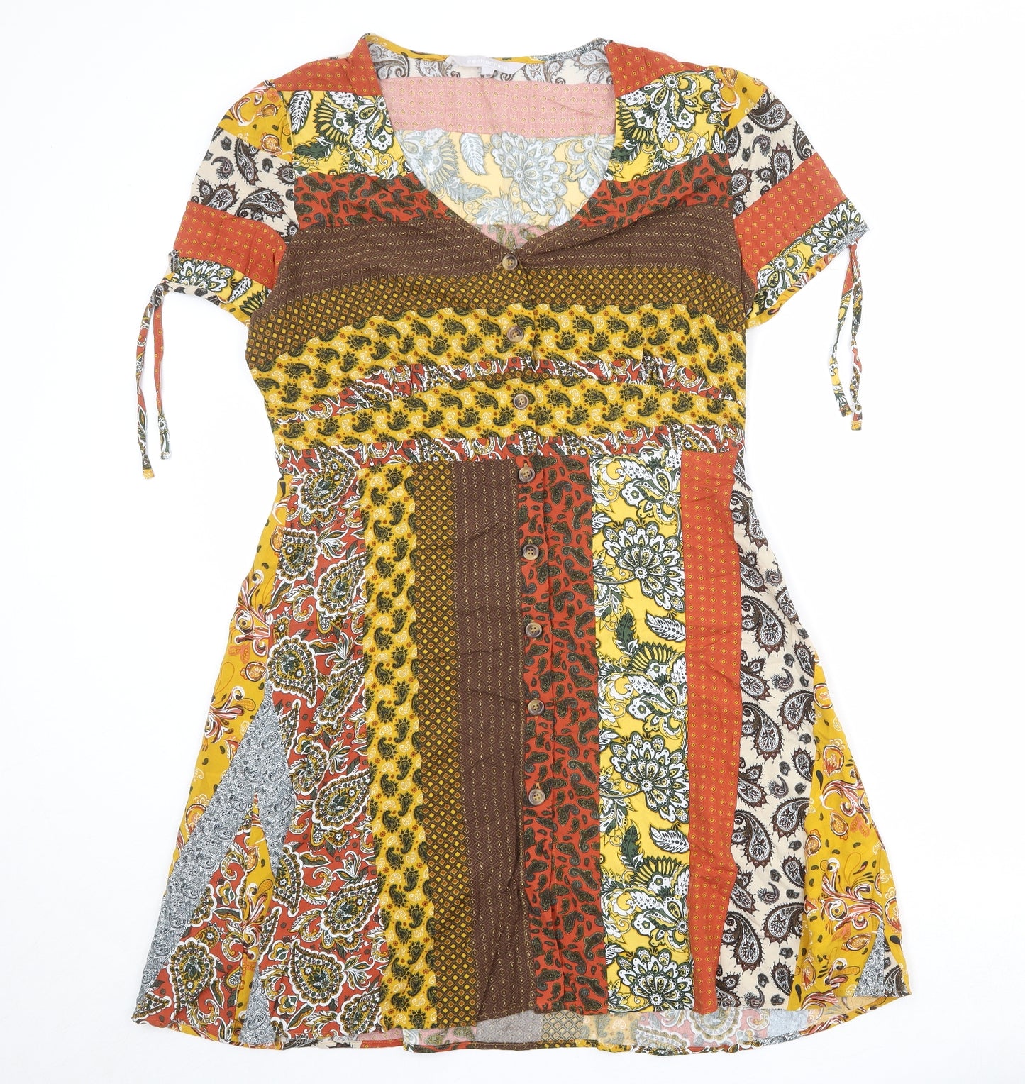 Red Herring Womens Multicoloured Geometric Viscose Skater Dress Size 14 V-Neck Button