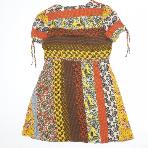 Red Herring Womens Multicoloured Geometric Viscose Skater Dress Size 14 V-Neck Button