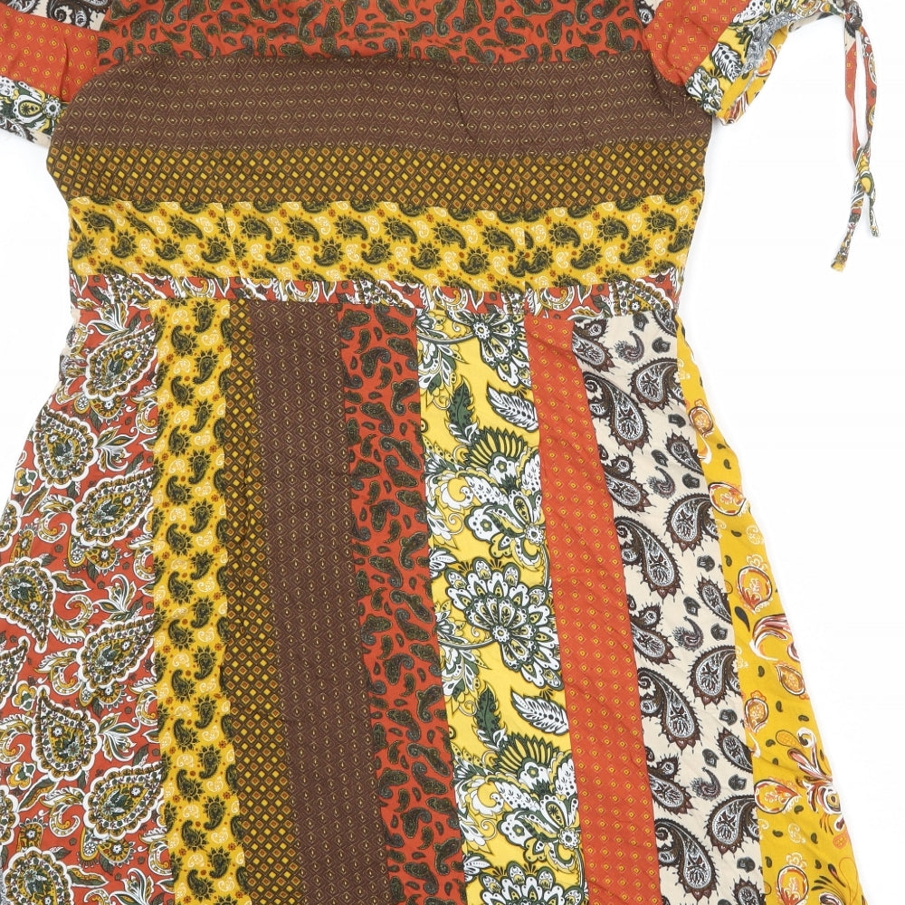 Red Herring Womens Multicoloured Geometric Viscose Skater Dress Size 14 V-Neck Button
