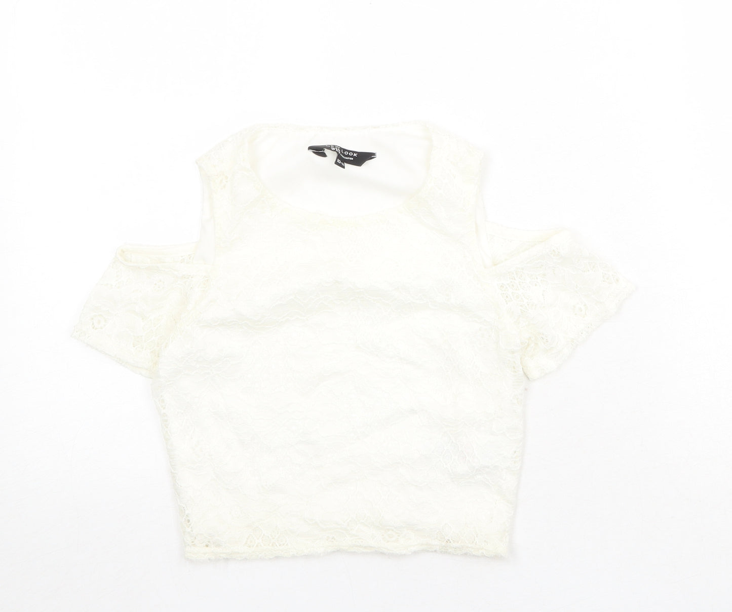 New Look Girls Ivory Nylon Basic T-Shirt Size 10-11 Years Round Neck Pullover - Cold Shoulder
