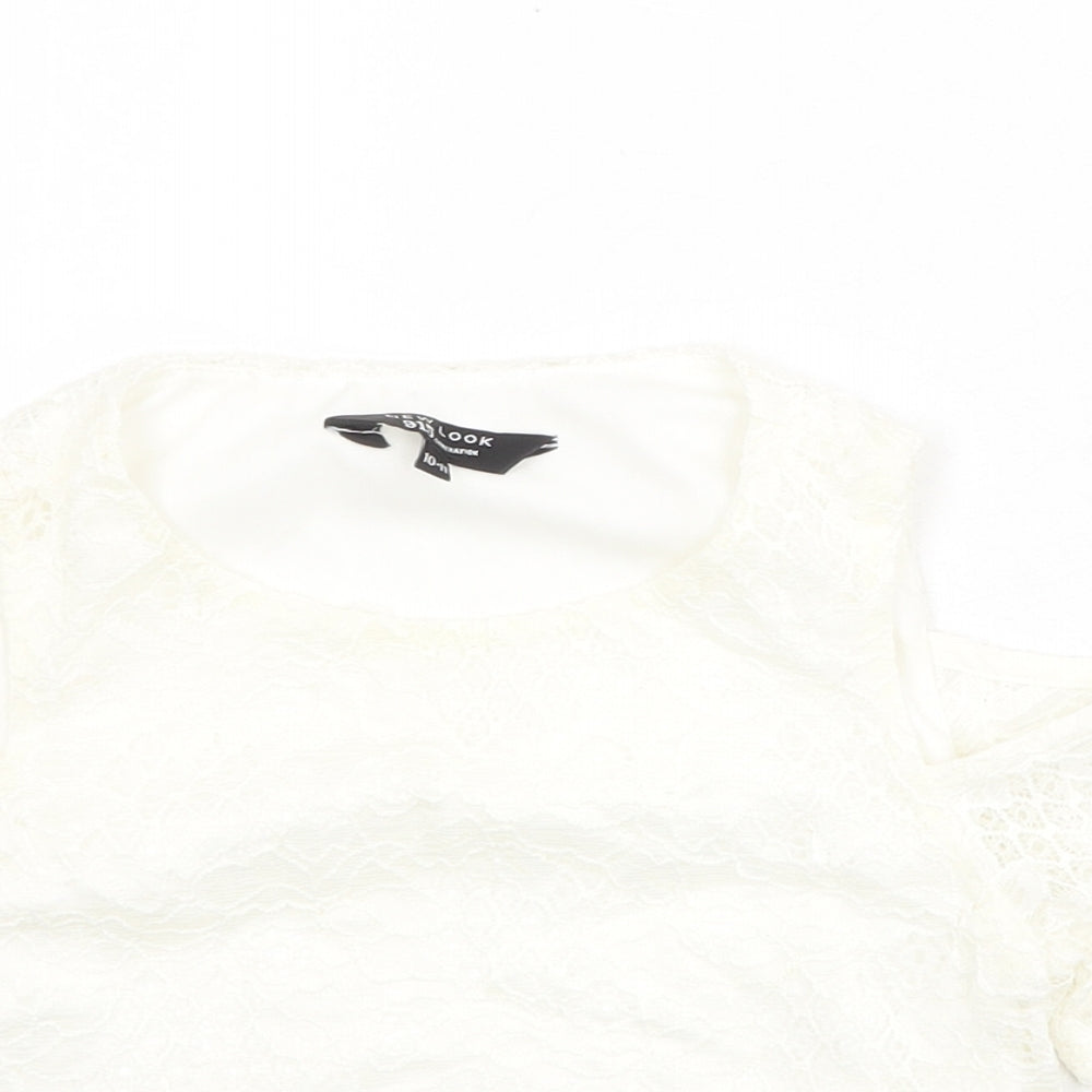 New Look Girls Ivory Nylon Basic T-Shirt Size 10-11 Years Round Neck Pullover - Cold Shoulder