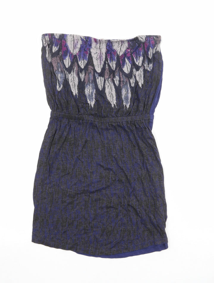 Ecote Womens Blue Geometric Viscose Mini Size S Off the Shoulder Pullover - Feathers Print