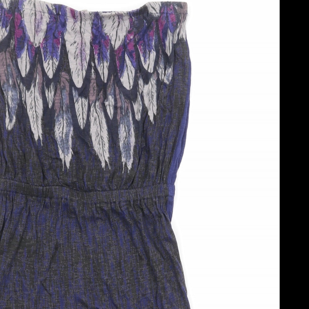 Ecote Womens Blue Geometric Viscose Mini Size S Off the Shoulder Pullover - Feathers Print