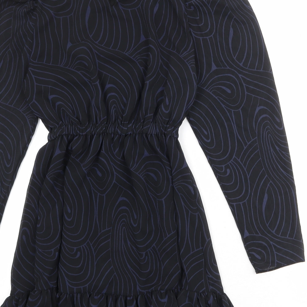 Zara Womens Black Geometric Polyester A-Line Size XS Mock Neck Button