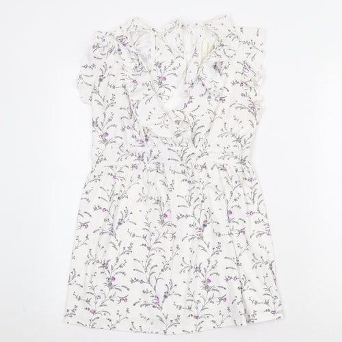 H&M Womens White Geometric Polyester A-Line Size S V-Neck Tie