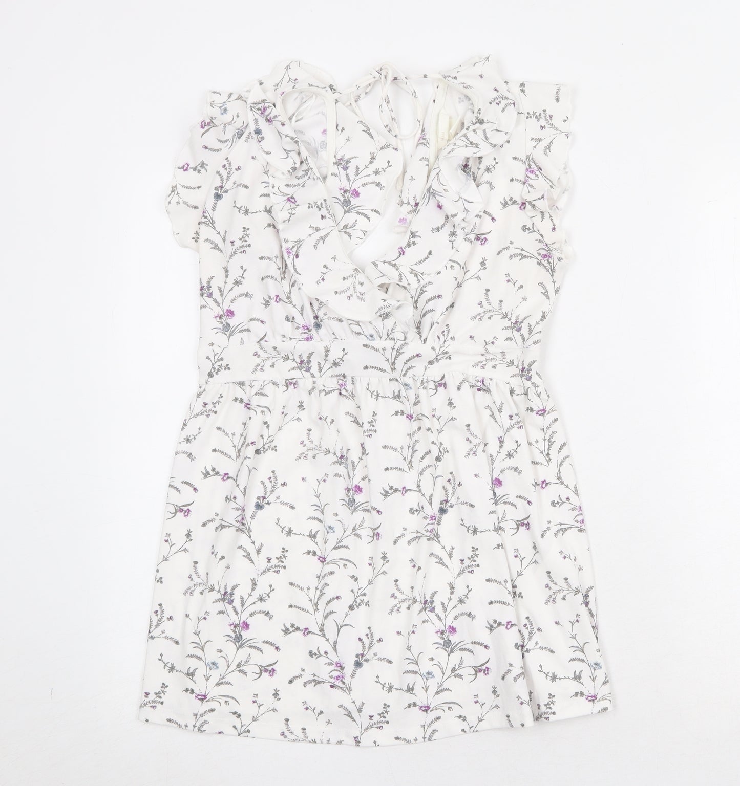 H&M Womens White Geometric Polyester A-Line Size S V-Neck Tie