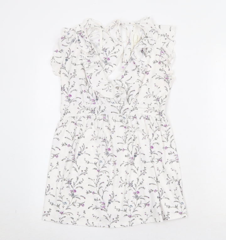 H&M Womens White Geometric Polyester A-Line Size S V-Neck Tie