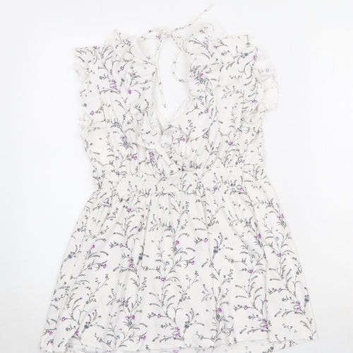 H&M Womens White Geometric Polyester A-Line Size S V-Neck Tie