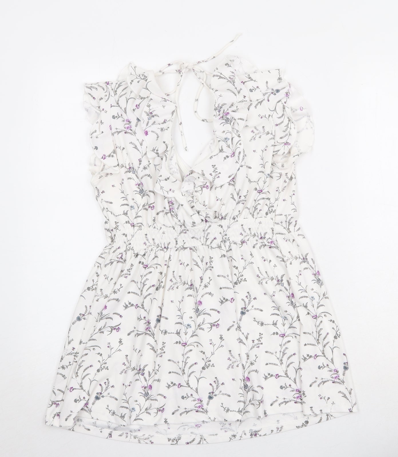 H&M Womens White Geometric Polyester A-Line Size S V-Neck Tie