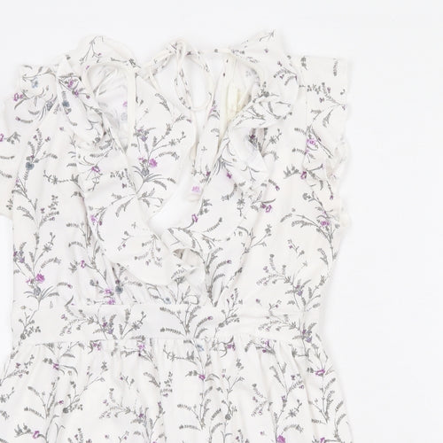 H&M Womens White Geometric Polyester A-Line Size S V-Neck Tie