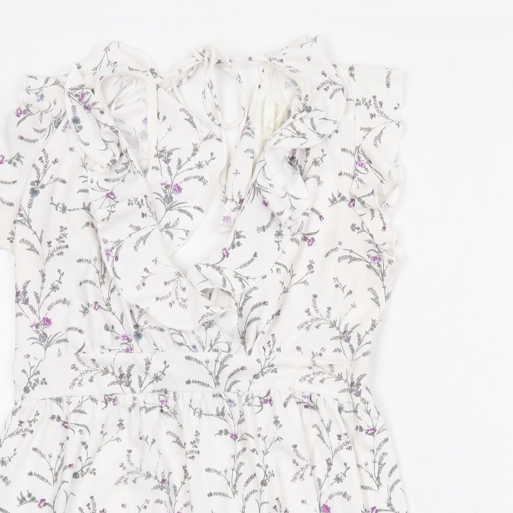 H&M Womens White Geometric Polyester A-Line Size S V-Neck Tie