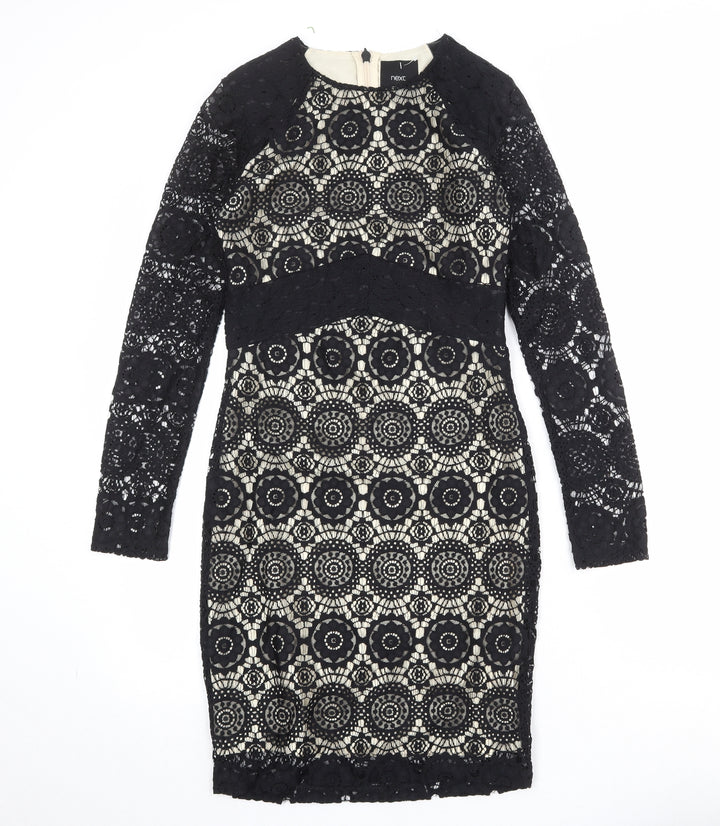 NEXT Womens Black Geometric Nylon Shift Size 6 Round Neck Zip