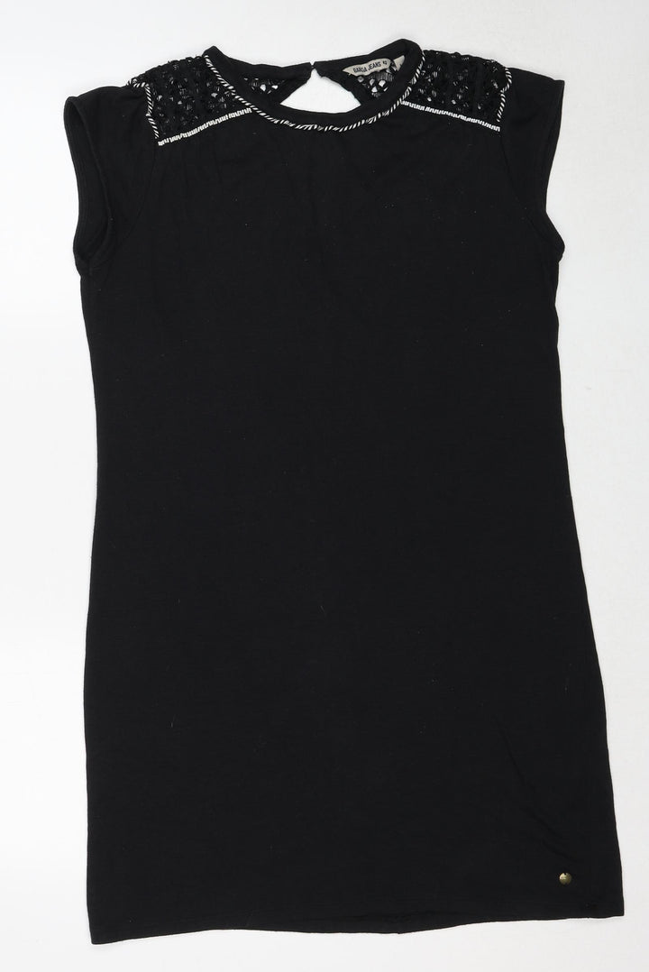 Garcia Womens Black Linen A-Line Size L Round Neck Button